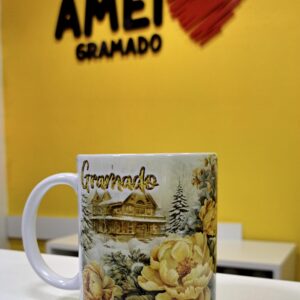 Caneca 325ml Chalé e Flores Neve Ilustração